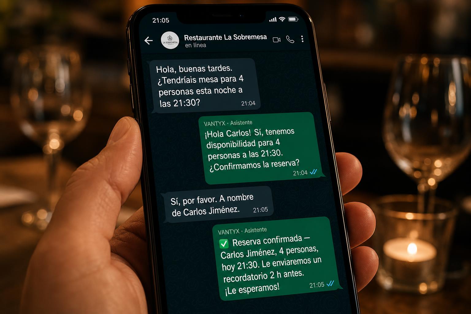 WhatsApp con recordatorio automático de reserva enviado por VANTYX